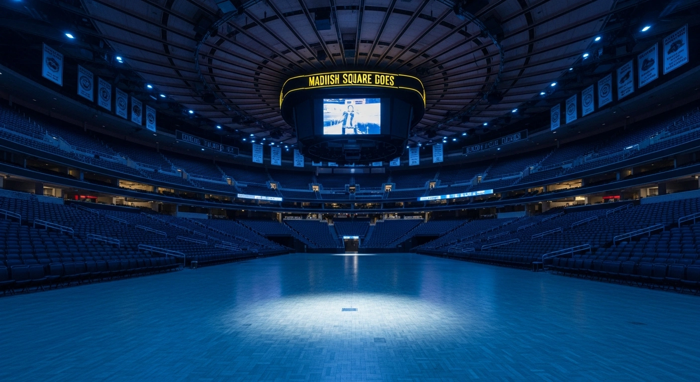 An empty Madison Square Garden arena is shown in dim lighting to represent the lack of a wedding event for Taylor Swift and Travis Kelce.