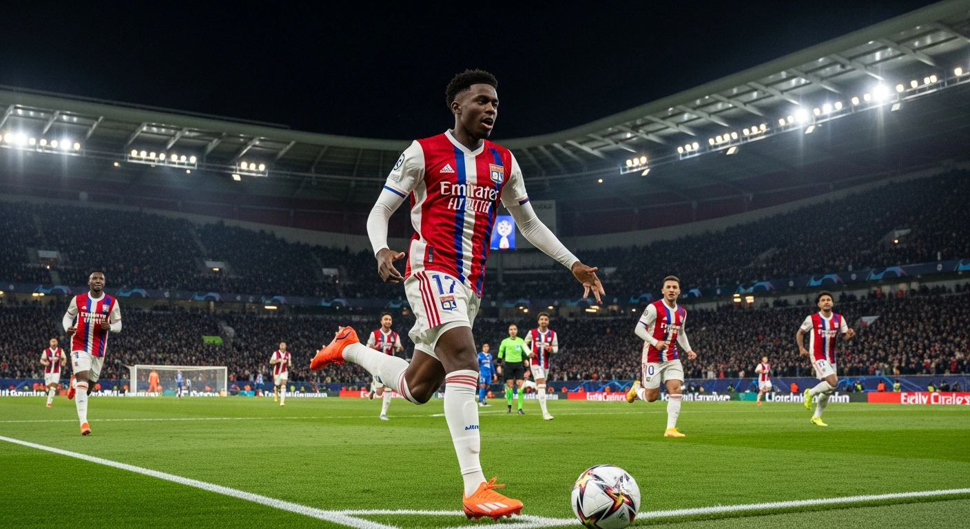 Brazilian forward Endrick, wearing a Lyon jersey, is captured in a low-angle, wide shot as he scores a crucial goal against Lille in a French Cup match, with stadium lights illuminating his triumphant expression and teammates rushing to celebrate.