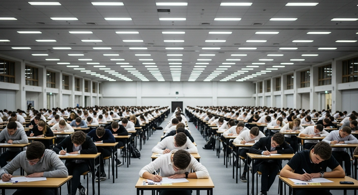 A wide, slightly elevated shot captures a massive examination hall in Brazil, filled with millions of high school candidates intensely focused on their papers during the first day of the National High School Exam (ENEM) 2025, which includes subjects like Languages, Human Sciences, and the essay, following a significant increase in registrations.