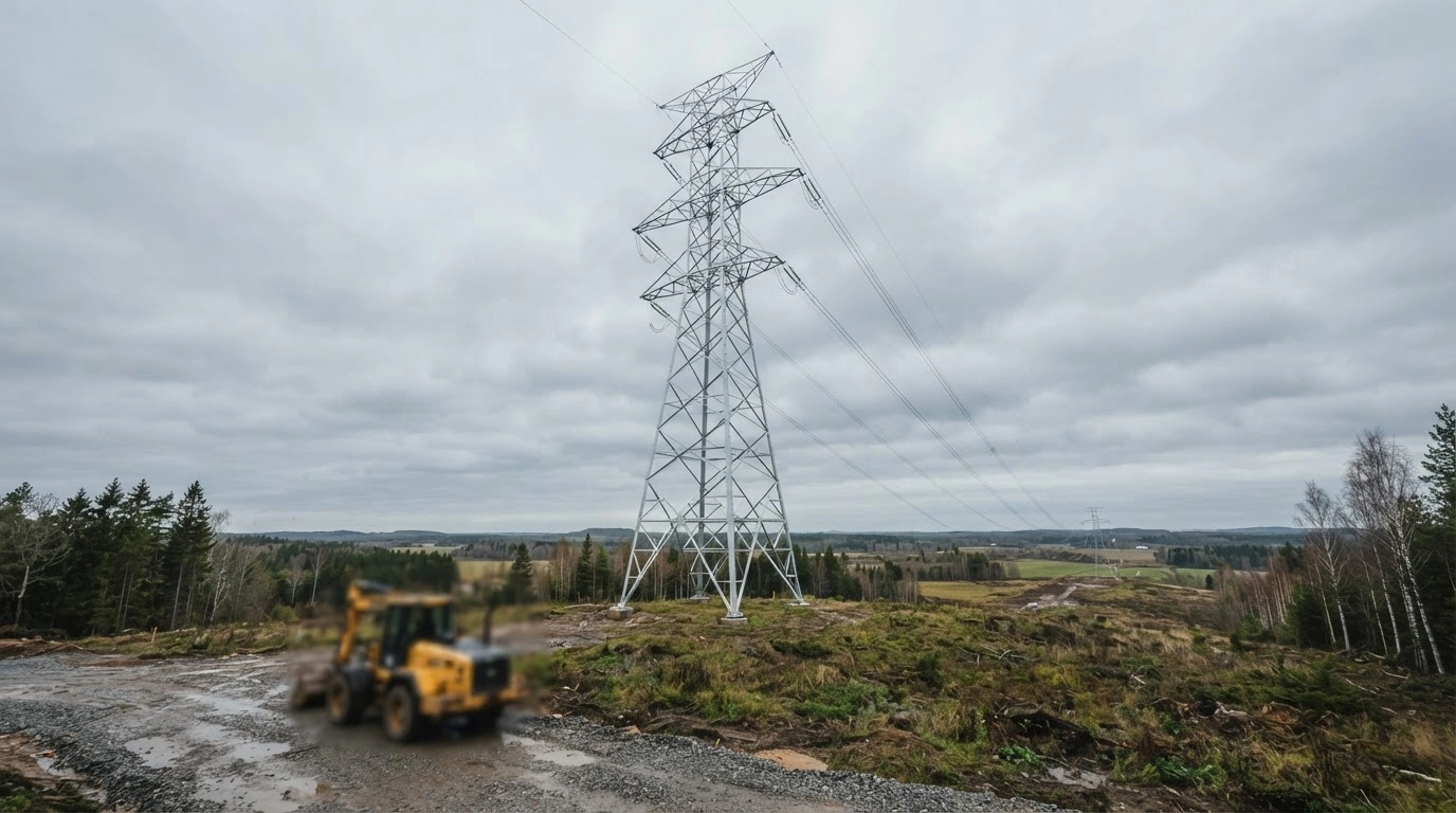 A large aluminium transmission tower stands in an Estonian field as part of a new electricity grid infrastructure project.
