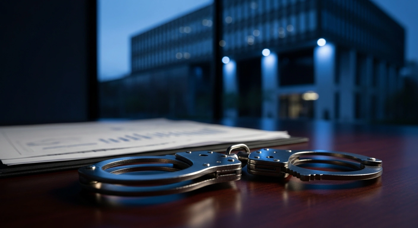 A pair of steel handcuffs sits on a desk next to financial documents, representing the Enforcement Directorate's attachment of assets in the United Nurses Association money laundering investigation.