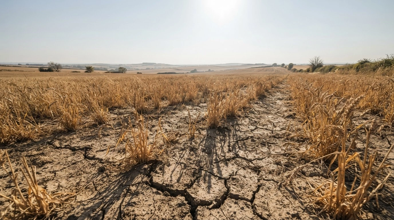 A vast, cracked, and dry agricultural field in England illustrates the severe impact of persistent drought conditions on the landscape.