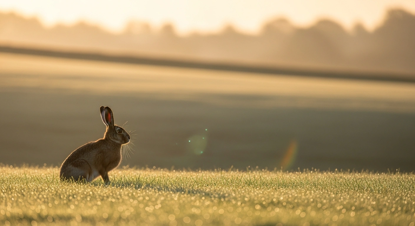 A brown hare stands alert in a sunlit English meadow at dawn, symbolizing the new measure in England to protect hares from shooting during their breeding season, addressing their significant population decline and welcomed by conservationists.