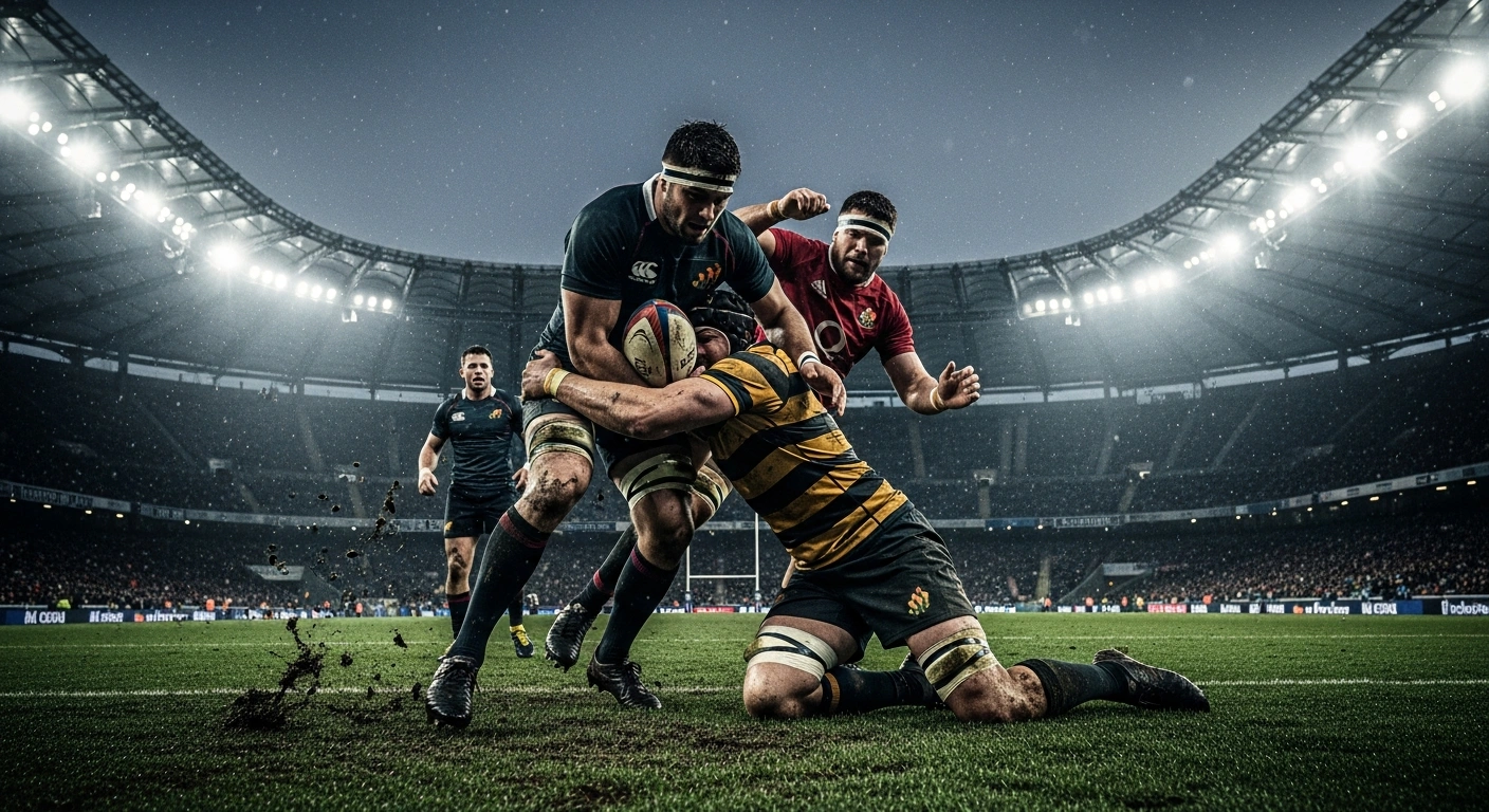 Two rugby players from England and Italy collide during a competitive Six Nations Championship match at the Stadio Olimpico in Rome.