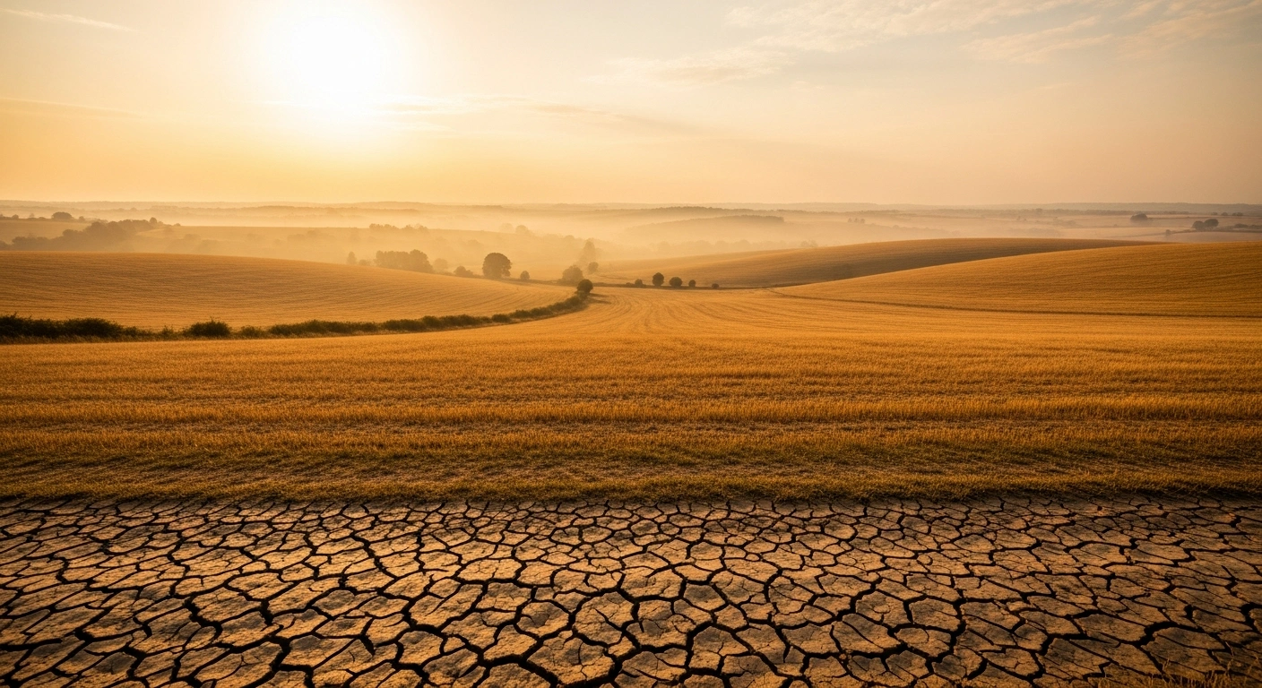 A parched, sun-scorched English meadow shows signs of a severe heatwave during the record-breaking temperatures of June 2026.