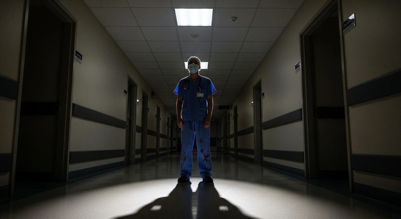 A lone resident doctor in scrubs stands in a dimly lit, empty hospital corridor, symbolizing the ongoing five-day strike by resident doctors in England over pay and training posts, which is causing significant disruption to NHS services.