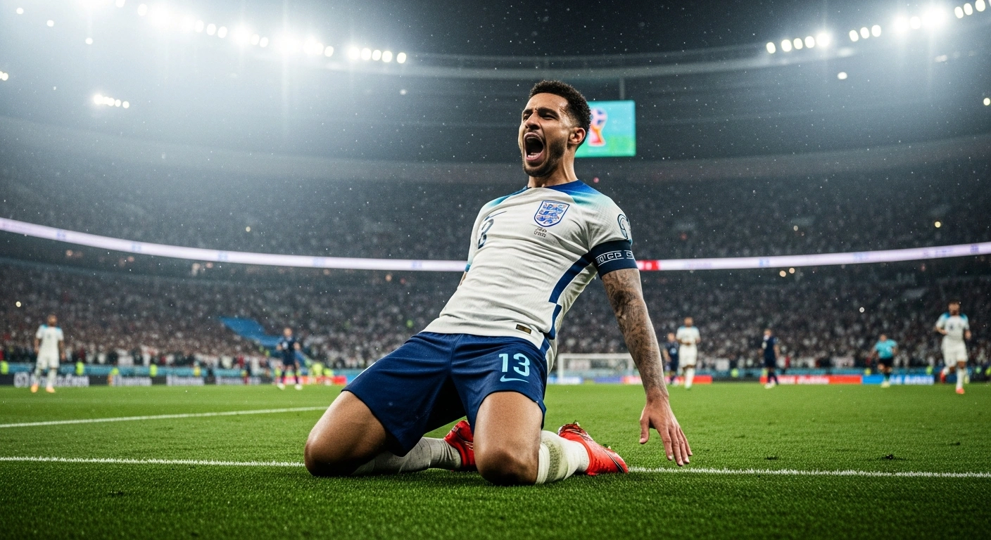 An England national football player celebrates a goal on the pitch during a 2026 World Cup group stage match against Croatia.