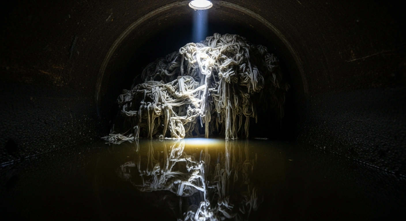 A dramatic low-angle shot from inside a dark, subterranean pipe shows a large blockage of tangled white, non-biodegradable wet wipes, illuminated by a single beam of light, symbolizing the plastic pollution and sewer issues England's 2027 ban aims to address.