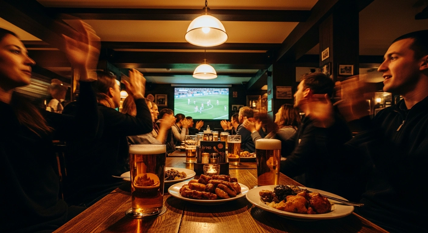 Excited football fans celebrate in a crowded British pub while watching the England Women's World Cup quarter-final match on television.
