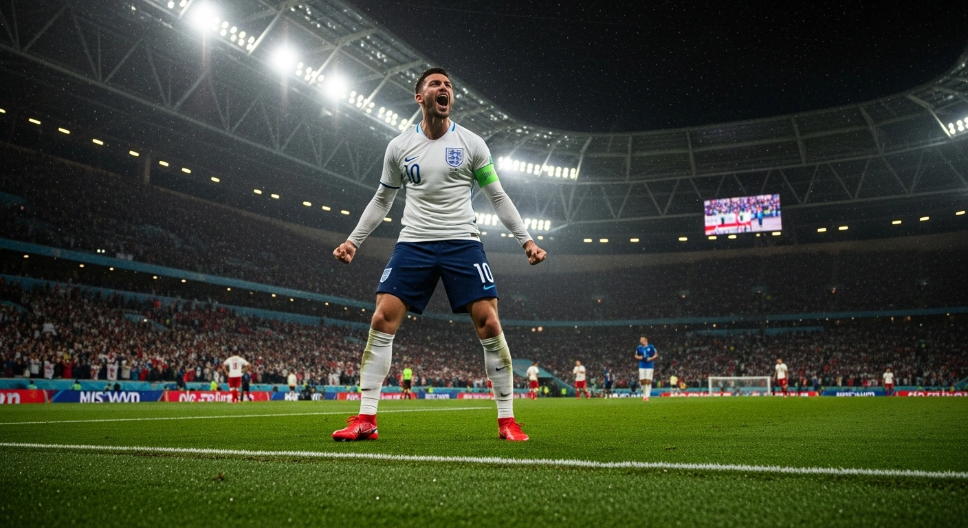 An English football player celebrates a goal during the 2026 World Cup opening match against Croatia.