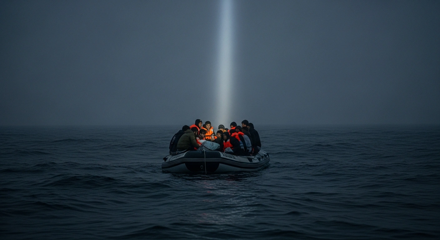 A small, overcrowded inflatable dinghy carrying migrants is dramatically illuminated by a rescue vessel's searchlight on the dark, choppy waters of the English Channel, depicting the perilous journeys and rescue operations.