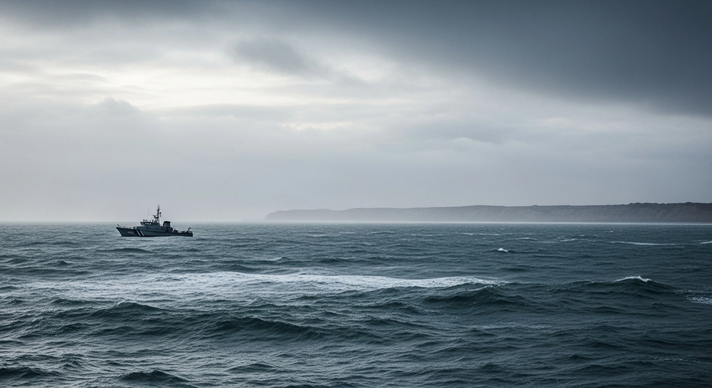 A lone patrol boat sits on the choppy waters of the English Channel during a diplomatic deadlock over coastal surveillance funding between France and the UK.