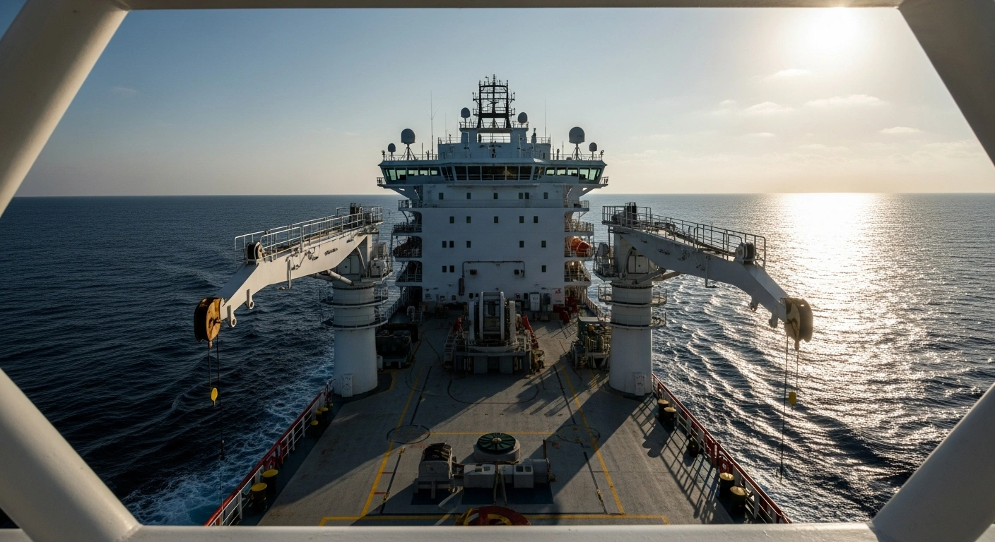 An offshore exploration vessel conducts geological and geophysical studies in the Atlantic Ocean as part of Eni's new energy reconnaissance project in Guinea.
