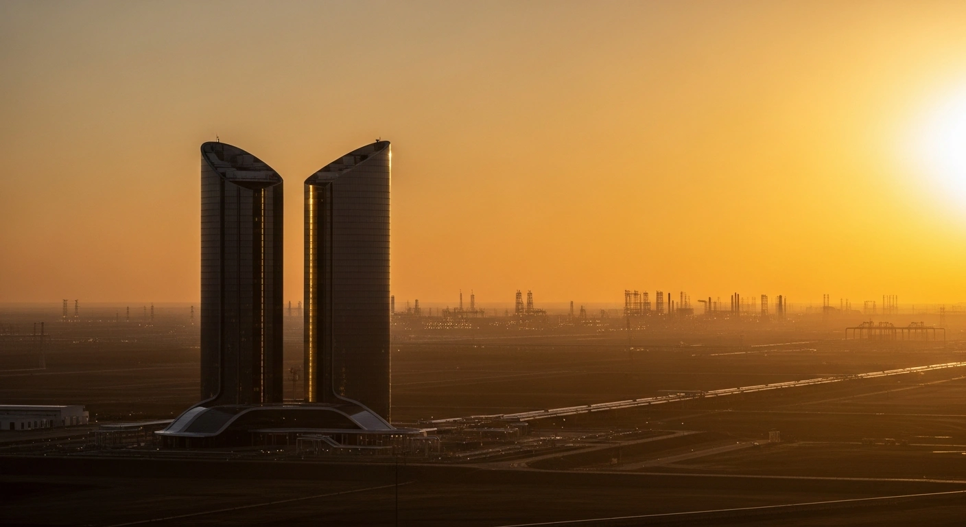 A wide, cinematic shot at golden hour depicts two distinct, modern architectural structures, symbolizing the merged upstream assets of Eni and Petronas in Indonesia and Malaysia, overlooking a vast, illuminated energy complex representing their new company and $15 billion investment.