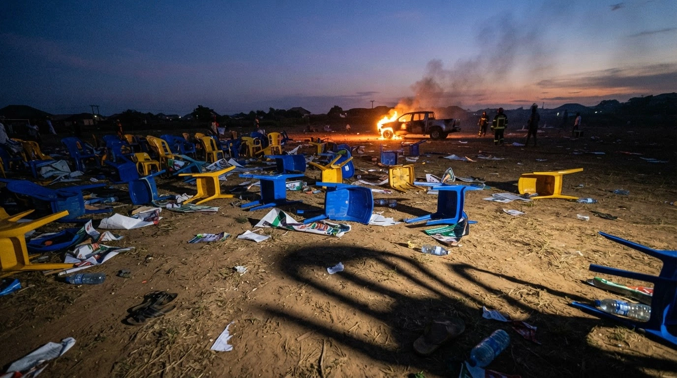 The aftermath of an attack on a Nigeria Democratic Congress campaign event in Enugu, showing damaged property and debris in a tense, insecure environment.