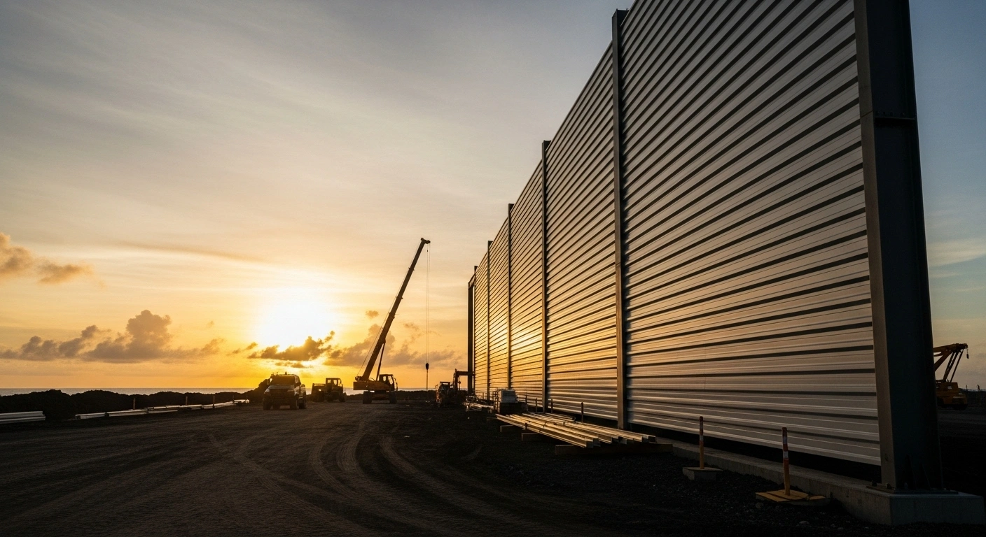 A large, newly constructed K-Span structure, part of a $12.56 million contract awarded to Environet Inc. for environmentally controlled warehousing of war reserve material, stands under a dramatic sunset at Andersen Air Force Base in Guam, with construction vehicles visible in the foreground.