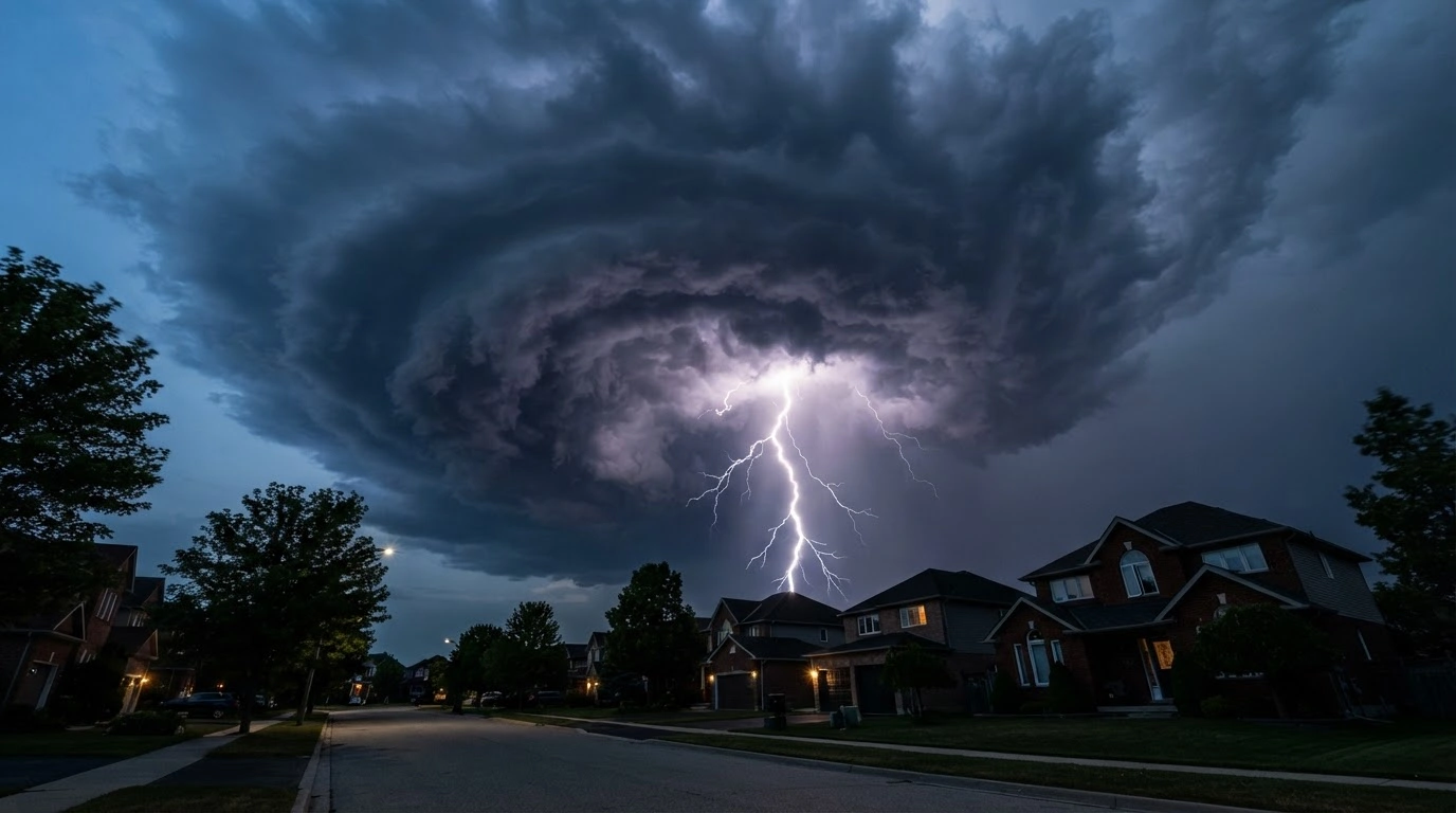 A dramatic supercell storm cloud looms over a residential neighborhood as Environment Canada implements a new targeted weather warning system for severe thunderstorms and tornadoes.