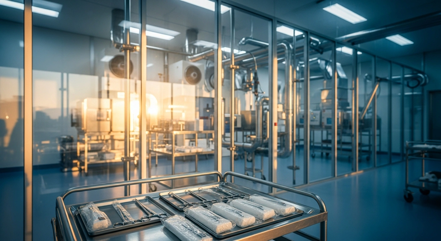 A modern medical sterilization facility is shown with surgical equipment, representing the EPA's proposed air pollution standards for ethylene oxide usage.