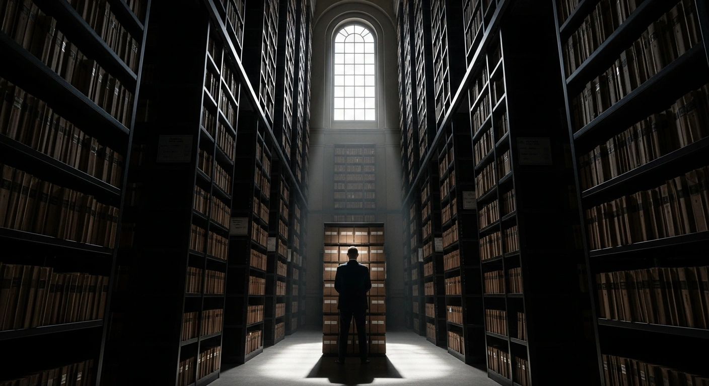 A lone figure stands in a vast, dimly lit archive, illuminated by a single beam of light on a heavily bound file box, symbolizing the political push by US House Speaker Mike Johnson and former President Donald Trump for the disclosure of Jeffrey Epstein's files.
