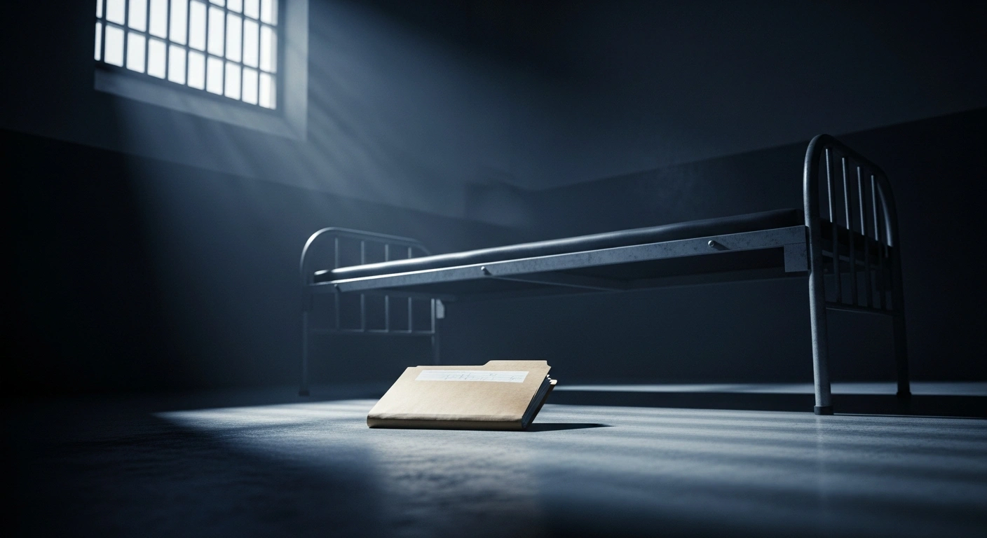 A manila folder sits on a metal cot inside a dimly lit federal jail cell where Jeffrey Epstein was held before his death.