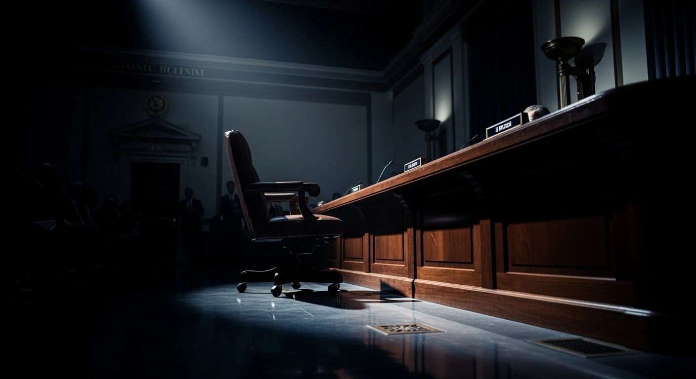 A dimly lit congressional hearing room features an empty chair at a table during an investigation into the network of Jeffrey Epstein.