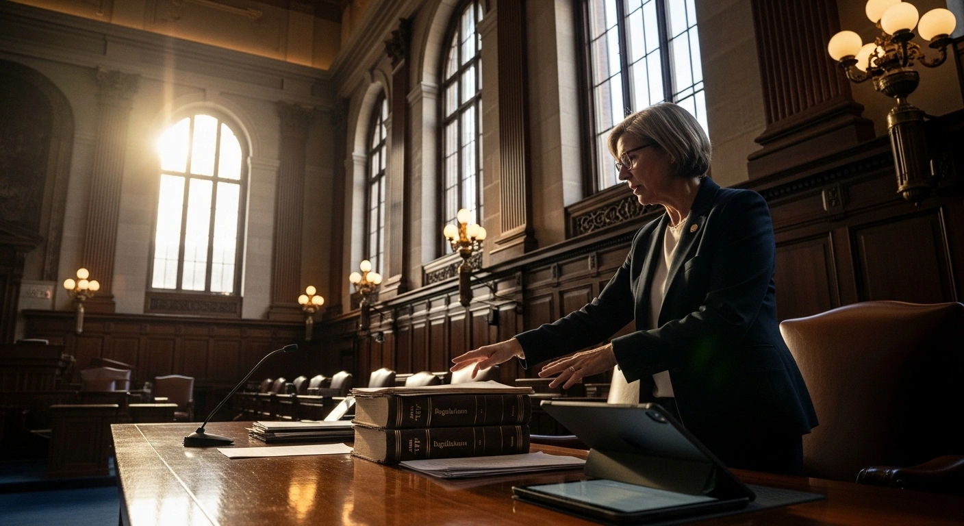A distinguished female president, representing the Senate of Equatorial Guinea, stands at a large table in a grand legislative chamber, gesturing towards old regulations while a modern tablet lies open, symbolizing the preliminary interpretive reading and legislative effort to align existing rules with the new Tax Code, Law No. 1/2024.