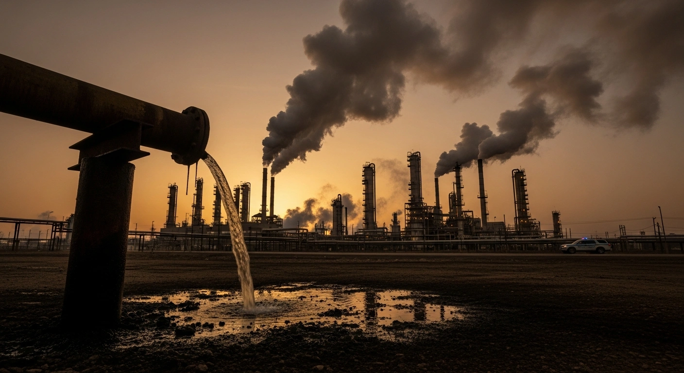 A wide, low-angle shot at twilight depicts the sprawling, neglected Mongstad oil refinery, with thick, unnatural smoke plumes rising from rusted stacks and a leaking pipe dripping dark liquid onto oil-stained ground, symbolizing the severe pollution violations and inadequate maintenance for which Norwegian authorities fined Equinor.