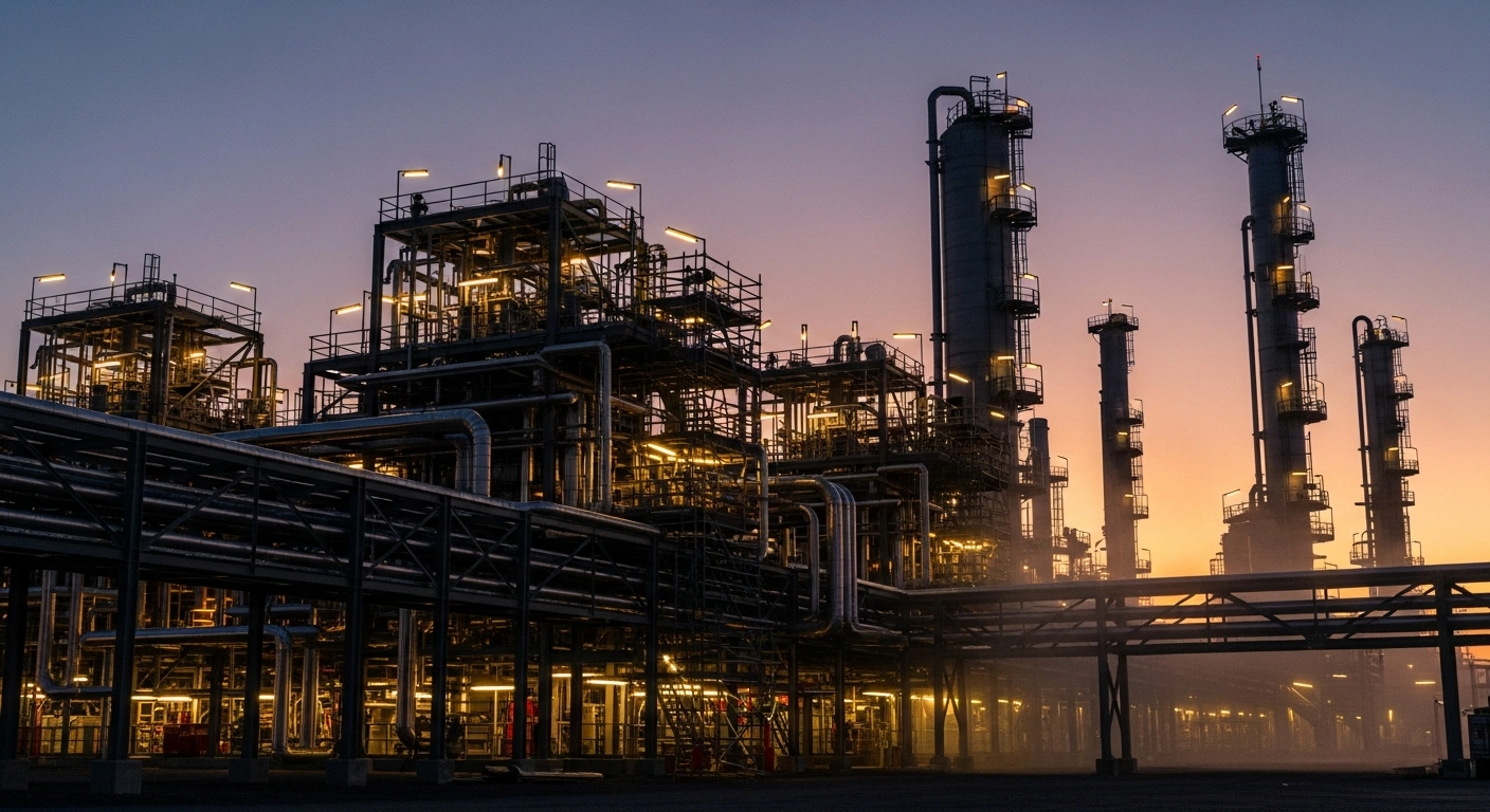 A wide, low-angle shot of a sprawling Norwegian onshore industrial plant at sunset, featuring intricate scaffolding and illuminated structures, symbolizing Equinor's new framework agreements for insulation, scaffolding, and surface treatment (ISS) services and the continuity of over a thousand jobs.