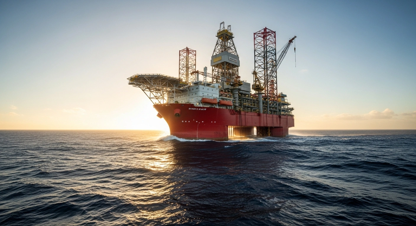 A large offshore drilling rig operates in the Campos Basin off the coast of Brazil as part of the Equinor, Repsol Sinopec, and Petrobras Raia gas project.
