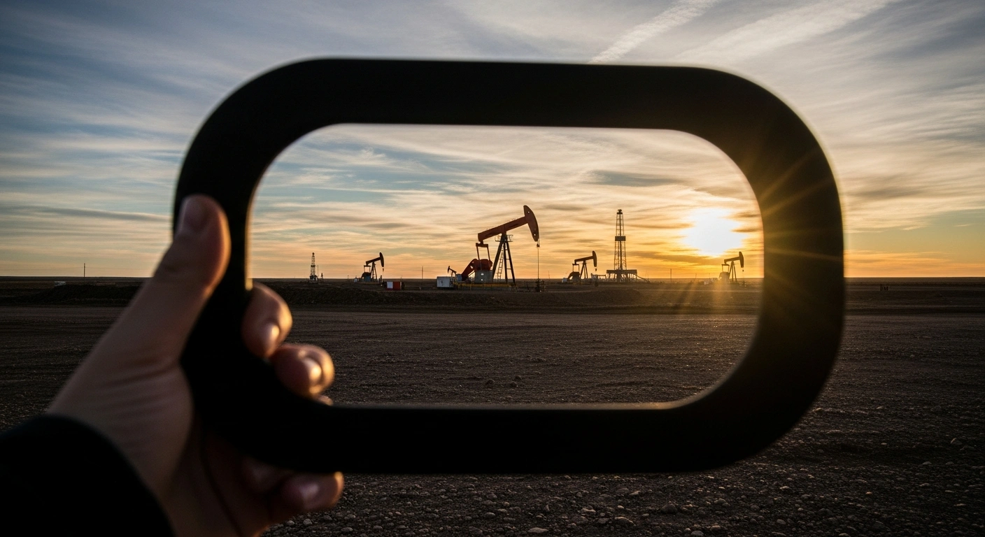 A wide, cinematic view of the rugged Vaca Muerta basin in Argentina at sunset, featuring distant oil derricks silhouetted against a dramatic, cloud-streaked sky, symbolizing the $1.1 billion transaction where Equinor sells its onshore assets, including Bandurria Sur and Bajo del Toro, to Vista Energy.