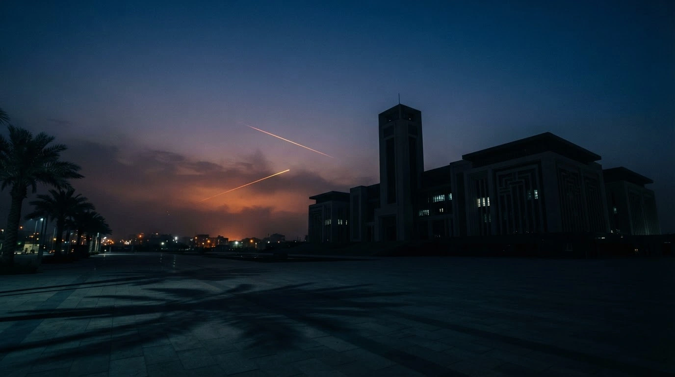 A cinematic view of a government building in Erbil at twilight during an aerial drone attack originating from Iranian territory.