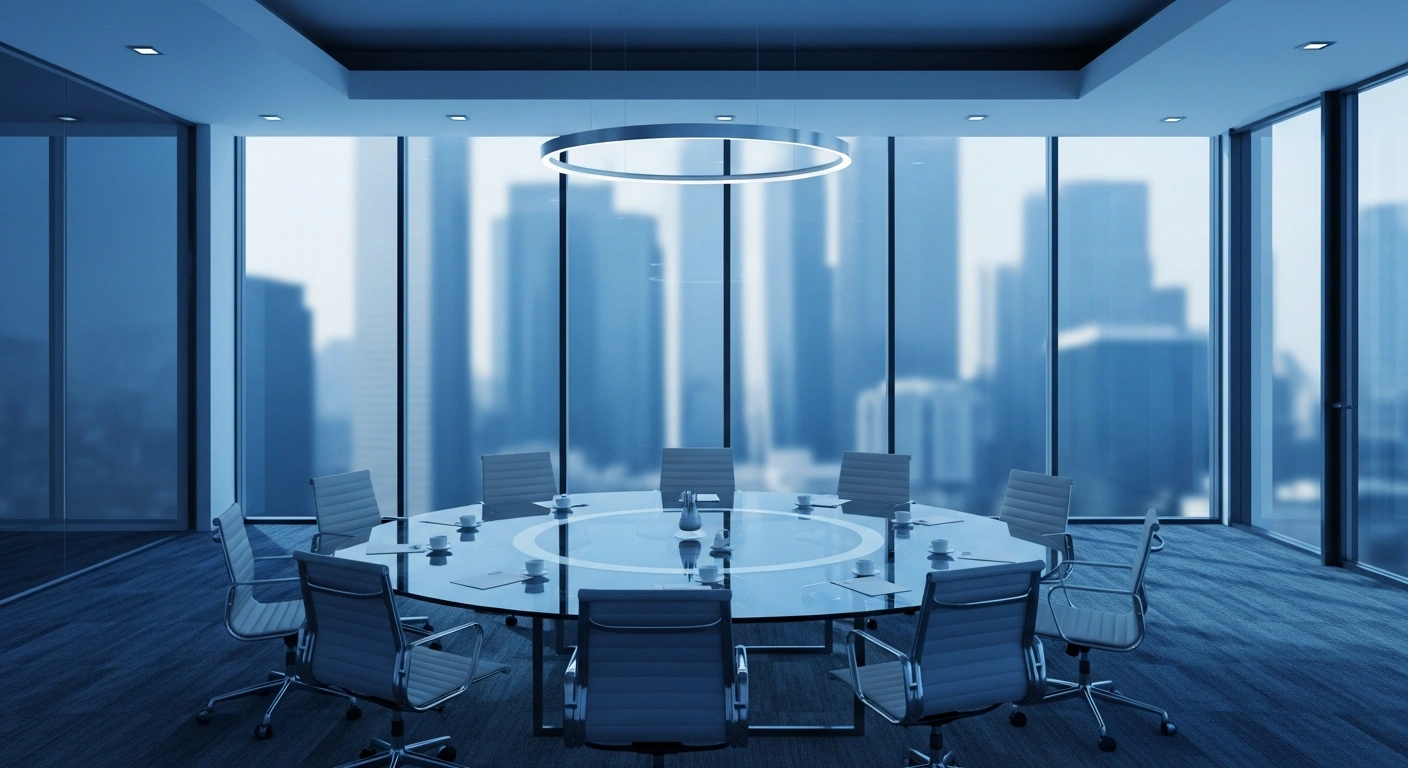 A modern, empty boardroom serves as the setting for the internal organizational restructuring of the Esquerra Republicana de Catalunya party.