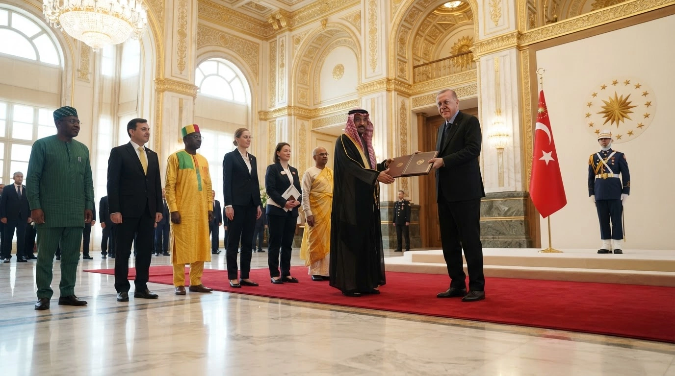 President Recep Tayyip Erdogan accepts credentials from five new ambassadors during a formal diplomatic ceremony at the Presidential Complex in Ankara.