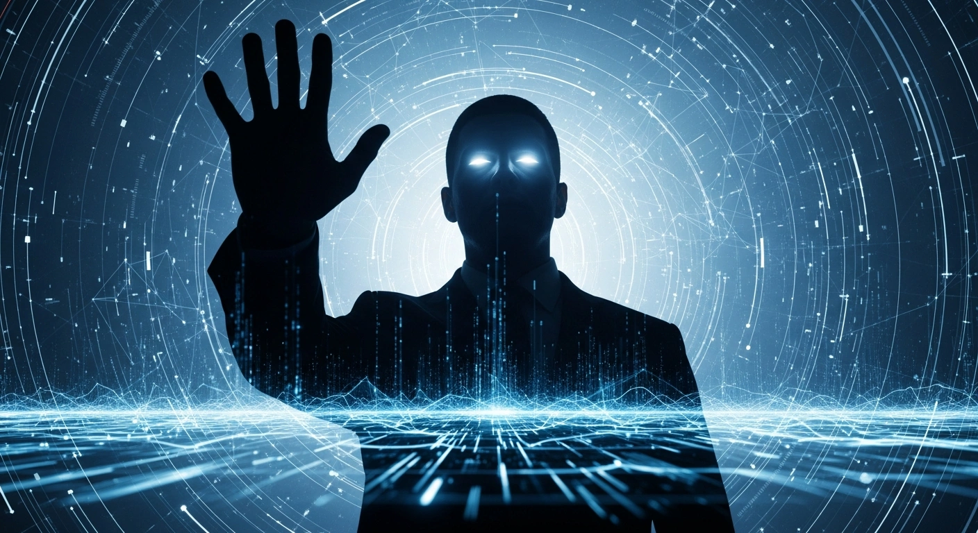 A commanding figure, representing Turkish President Recep Tayyip Erdoğan, is depicted in a low-angle shot, silhouetted against a backdrop of glowing digital data streams, with his hand raised in a gesture of control over online content and digital platforms.