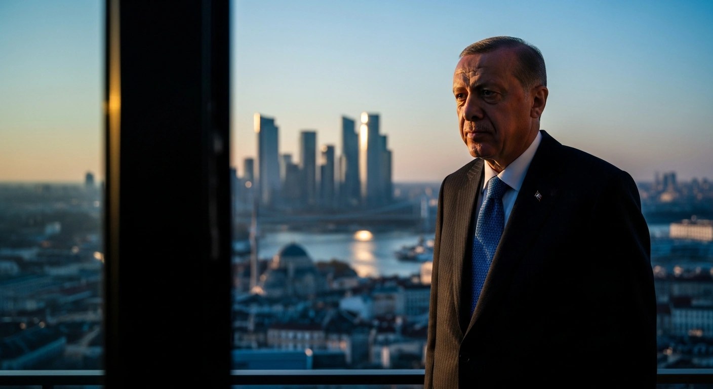 Turkish President Recep Tayyip Erdoğan stands on a balcony overlooking a European city skyline during sunset.