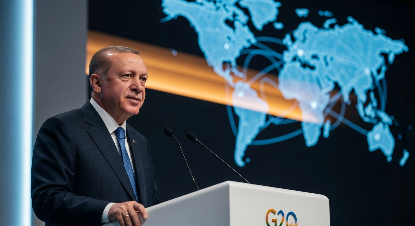 Turkish President Recep Tayyip Erdoğan stands at a modern G20 summit podium, advocating for stronger global trade rules, deeper international cooperation, and fair debt reform for low-income nations, with an abstract holographic projection of global trade routes in the background.