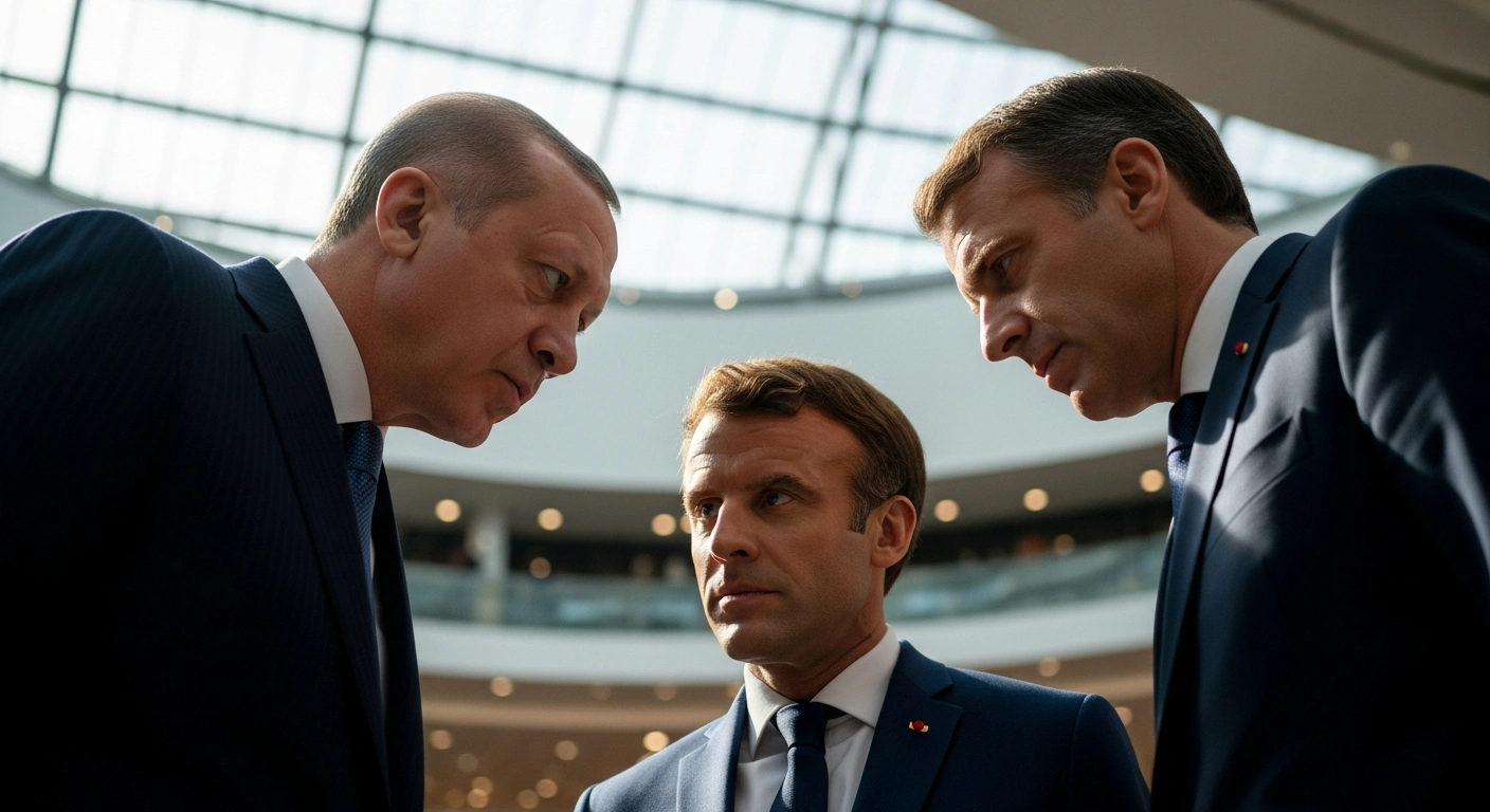 Turkish President Recep Tayyip Erdogan, French President Emmanuel Macron, and Italian Prime Minister Giorgia Meloni are depicted in a serious discussion at the G20 Leaders' Summit in Johannesburg, South Africa, during bilateral meetings focused on advancing peace efforts in Ukraine and securing a lasting ceasefire and humanitarian aid in Gaza, emphasizing a two-state solution.