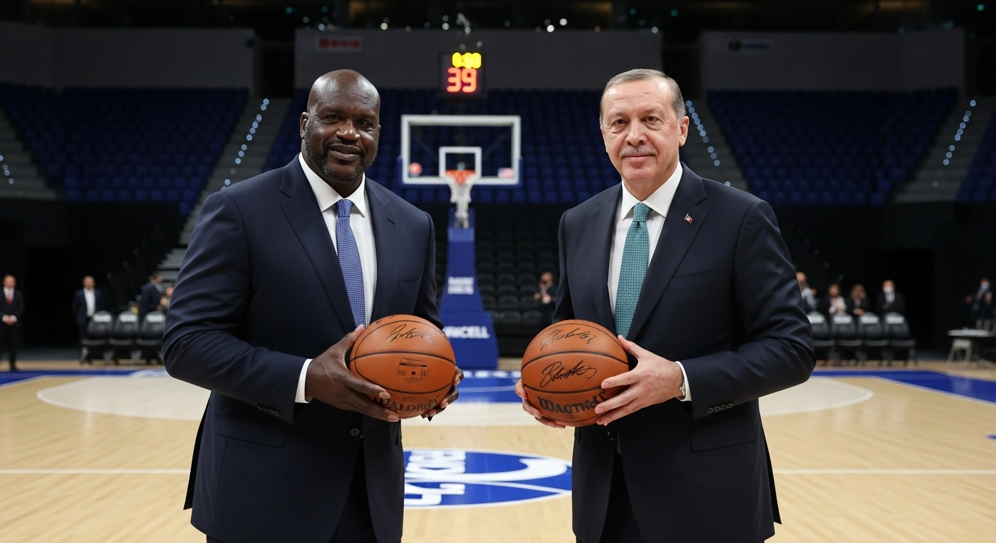 Turkish President Recep Tayyip Erdoğan and former NBA superstar Shaquille O'Neal stand smiling on a modern basketball court, each holding a signed basketball, during their meeting at the Turkcell Basketball Development Center in Istanbul.