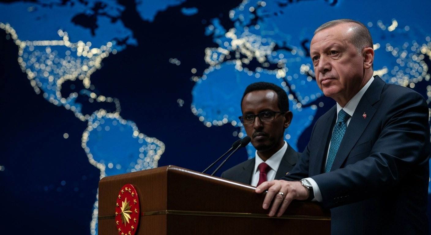 Turkish President Recep Tayyip Erdogan, with a stern expression, stands at a podium alongside Somali President Hassan Sheikh Mohamud, who looks on with concern, in a scene suggesting their joint press conference in Istanbul where Erdogan denounced Israel's recognition of Somaliland, reflecting widespread international criticism and regional stability concerns.