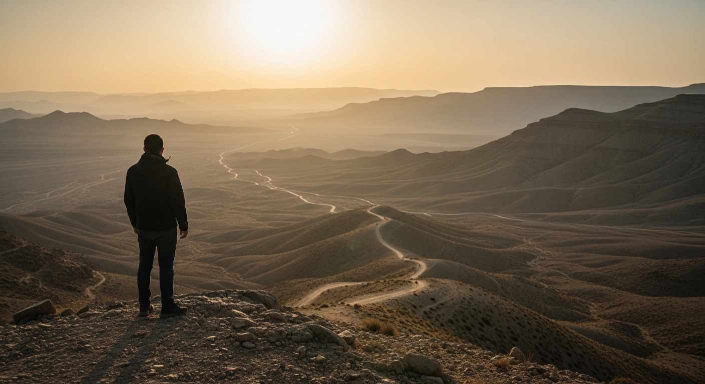 A lone, silhouetted figure stands on a high, rugged ridge overlooking a vast, arid, and subtly fractured landscape, symbolizing Turkish President Recep Tayyip Erdoğan's call for a peaceful resolution in Syria and the integration of Kurdish-led forces to prevent a 'state within a state'.
