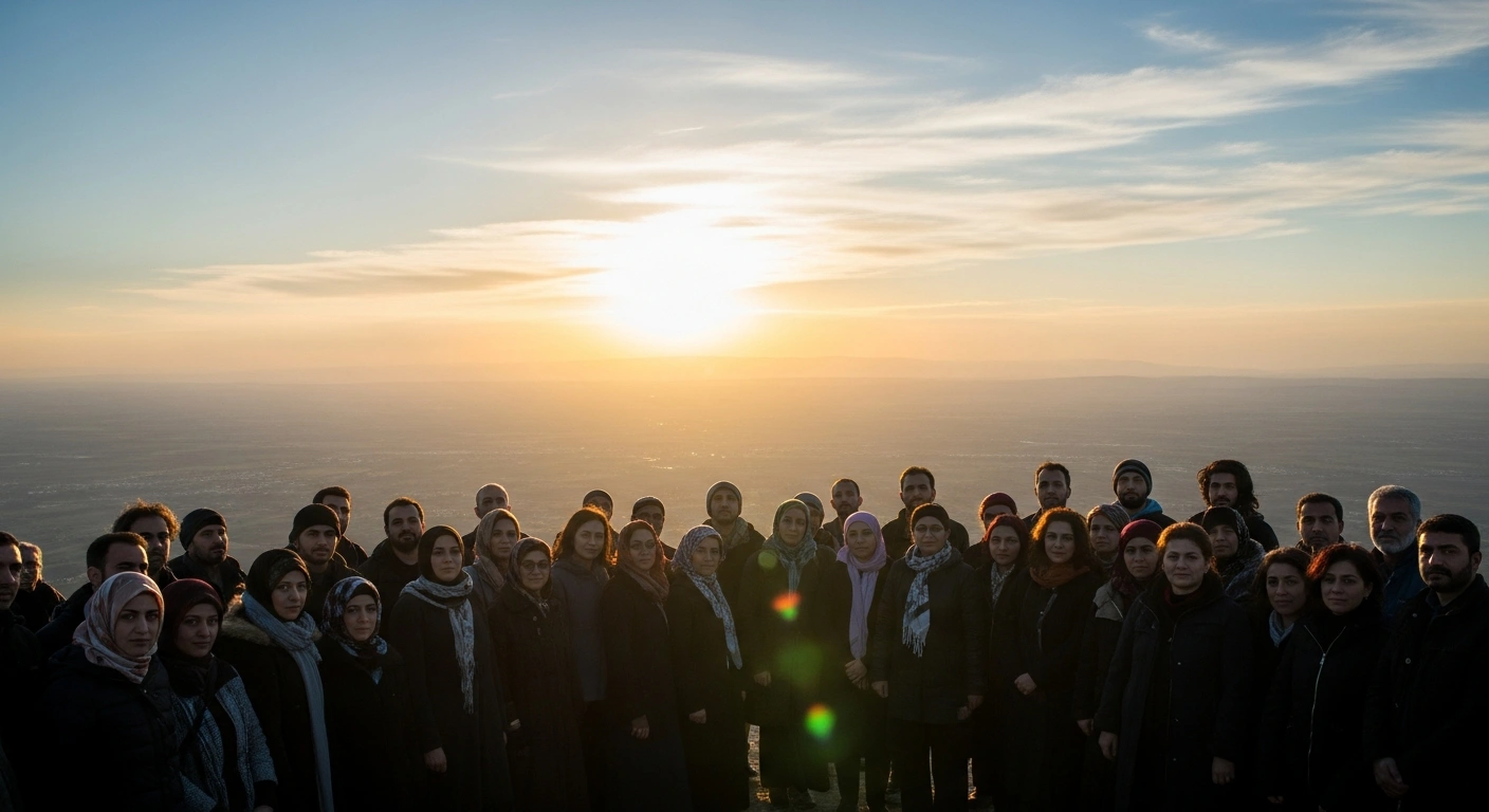 A diverse group of individuals, symbolizing Syrian unity and reconciliation, stand together under a hopeful dawn, reflecting the call by Turkish President Recep Tayyip Erdoğan for lasting peace and shared resources in Syria.