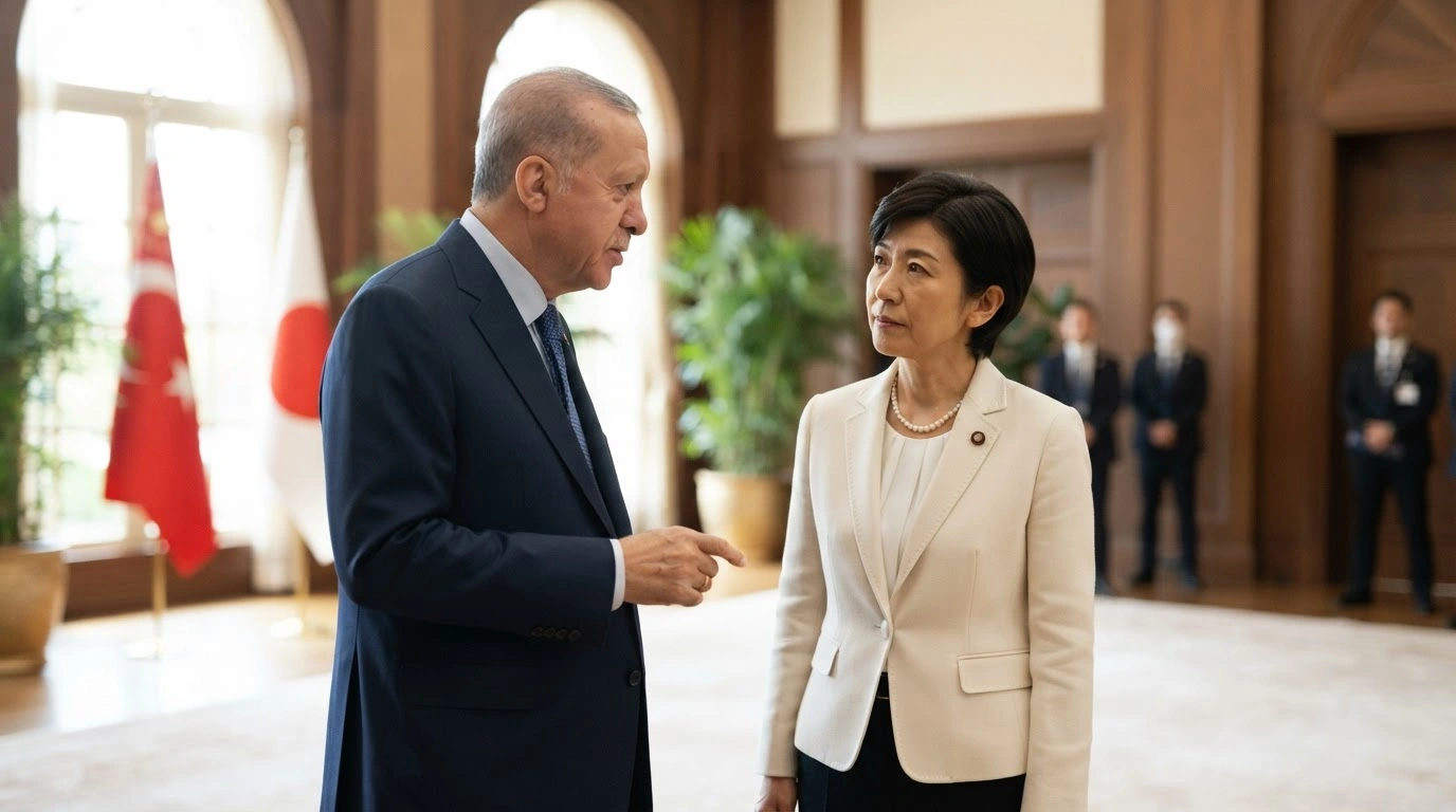 Turkish President Recep Tayyip Erdoğan and Japanese Prime Minister Sanae Takaichi sit together during high-level diplomatic talks to discuss economic and strategic cooperation.
