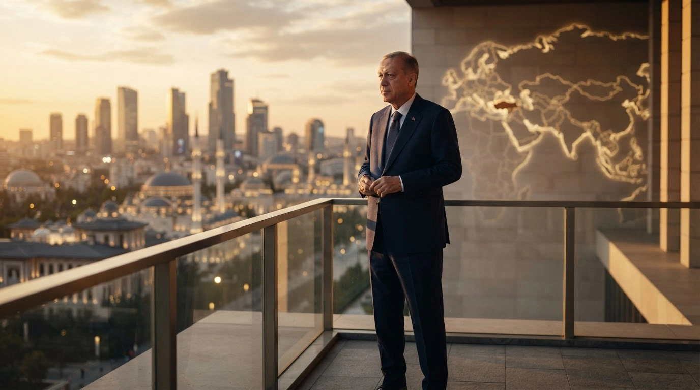 Turkish President Recep Tayyip Erdogan stands on a balcony overlooking a cityscape, symbolizing Turkey's strategic pivot toward deeper cooperation with the Shanghai Cooperation Organization.