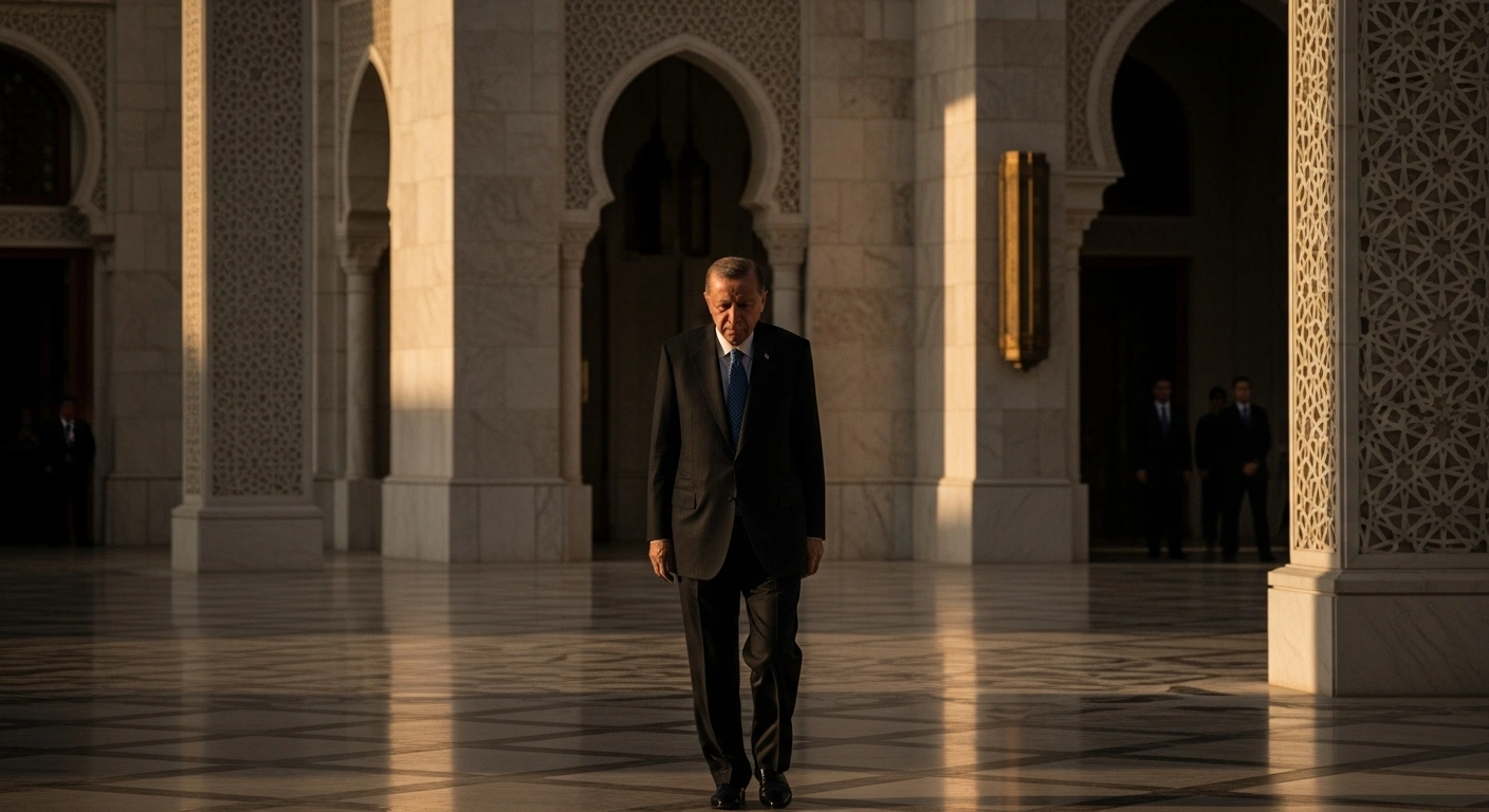 Turkish President Recep Tayyip Erdoğan walks through a courtyard in Doha, Qatar, to offer condolences following the death of Sheikh Khalifa bin Hamad Al Thani.