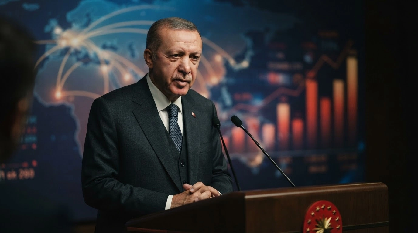 Turkish President Recep Tayyip Erdoğan speaks at a podium about the impact of regional geopolitical crises on global inflation and energy costs.