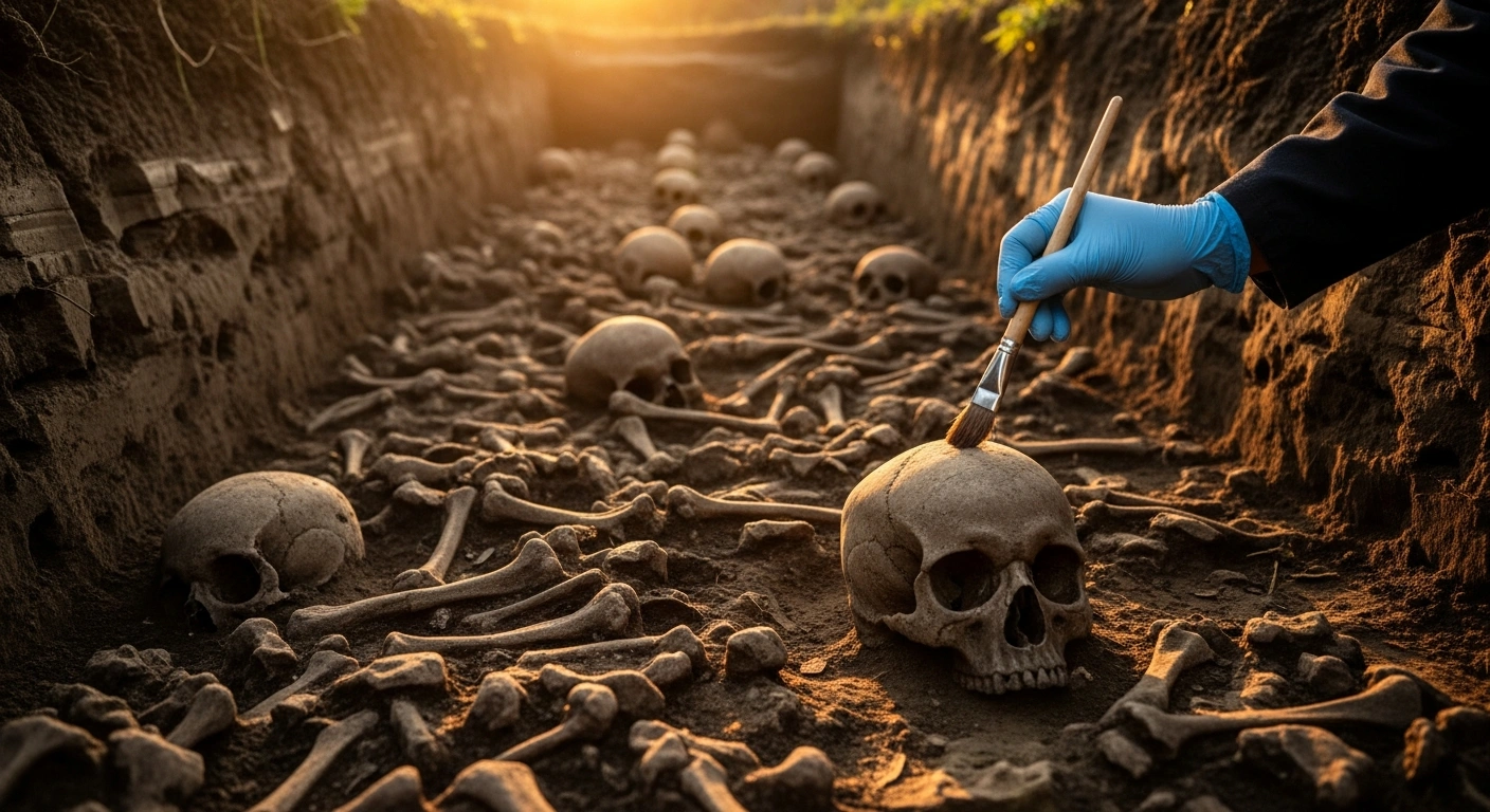 An archaeological excavation near Erfurt, Germany, reveals a 14th-century mass grave filled with numerous skeletal remains, believed to be victims of the Black Death, illuminated by the low, golden light of a setting sun, with an archaeologist's gloved hand delicately brushing a skull, representing a discovery by a Leipzig University team.