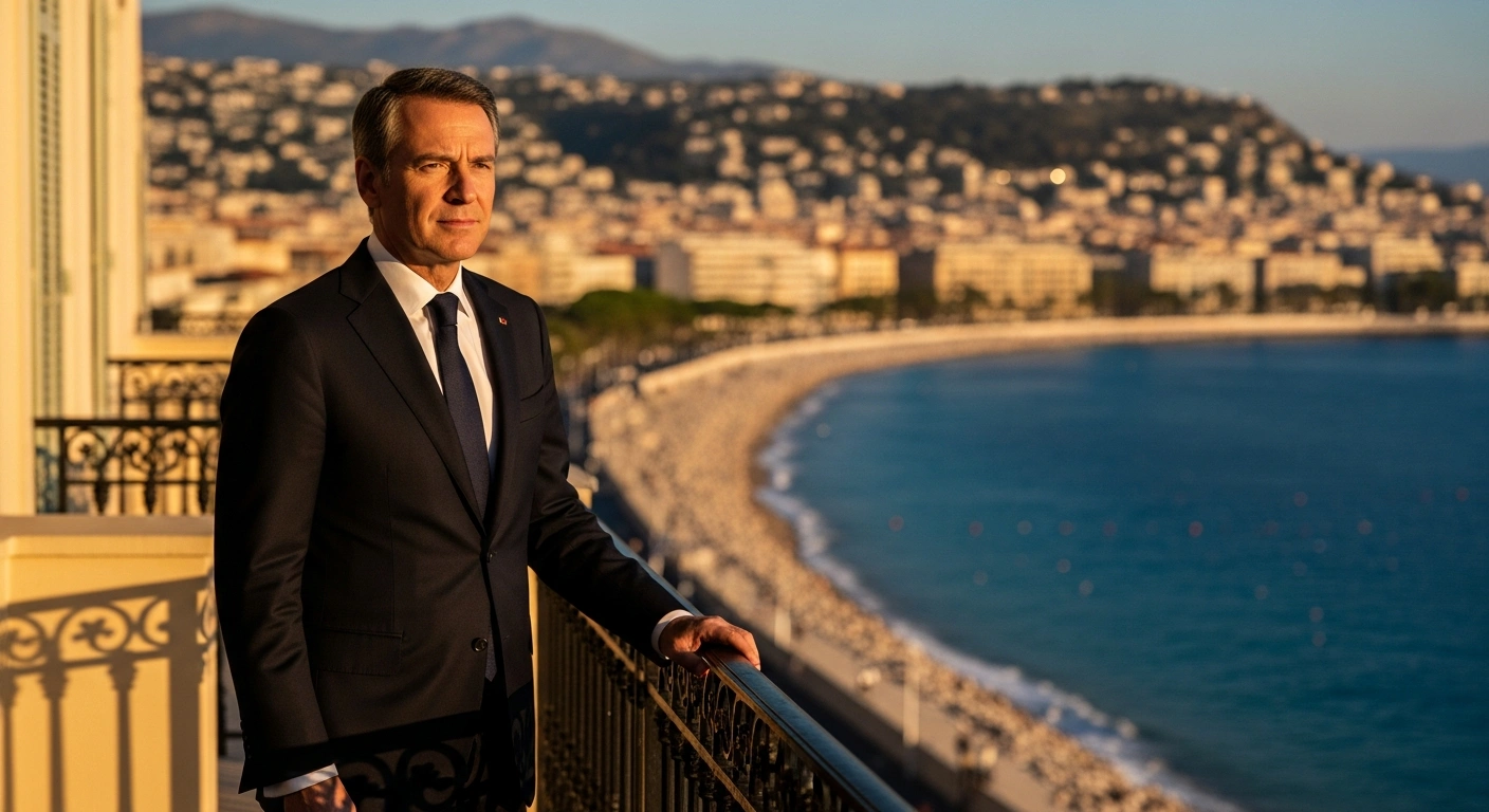 Eric Ciotti stands on a balcony in Nice after winning the mayoral election backed by a far-right alliance.