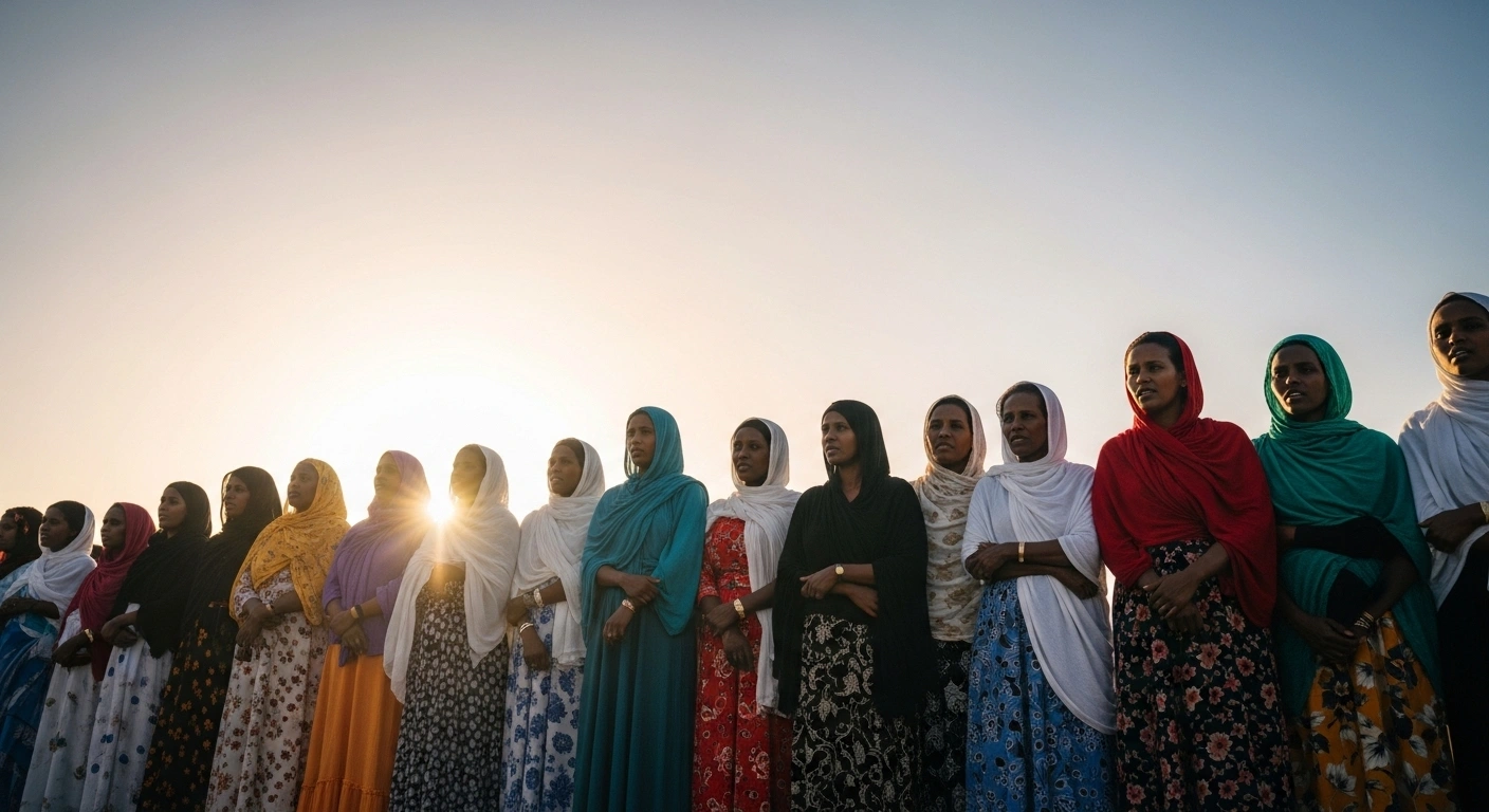 A diverse group of Eritrean women, including younger and older generations, stands together in warm sunlight, symbolizing Eritrea's national commitment and progress in eliminating Female Genital Mutilation/Cutting (FGM/C) among younger generations, with an aim for complete eradication by 2030.