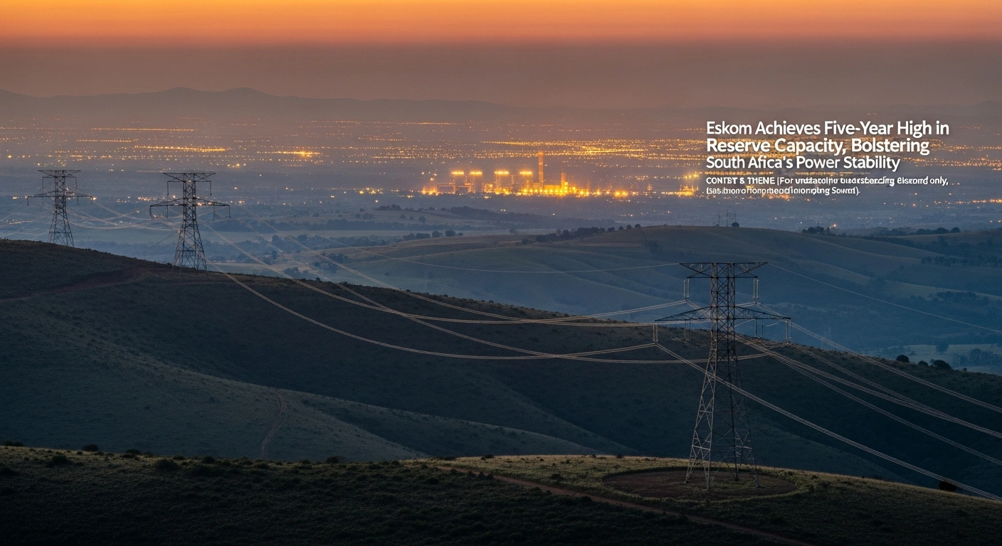 A wide shot of a modern power station glowing steadily at dusk, with high-tension power lines extending across a golden South African landscape towards a brightly lit city, symbolizing Eskom's increased electricity capacity and a more stable national grid.
