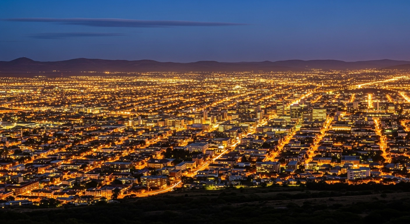 A wide, elevated shot of a brightly lit South African city at dusk, showcasing consistent and uninterrupted power, symbolizing Eskom's 280 consecutive days without load shedding and improved power system reliability.